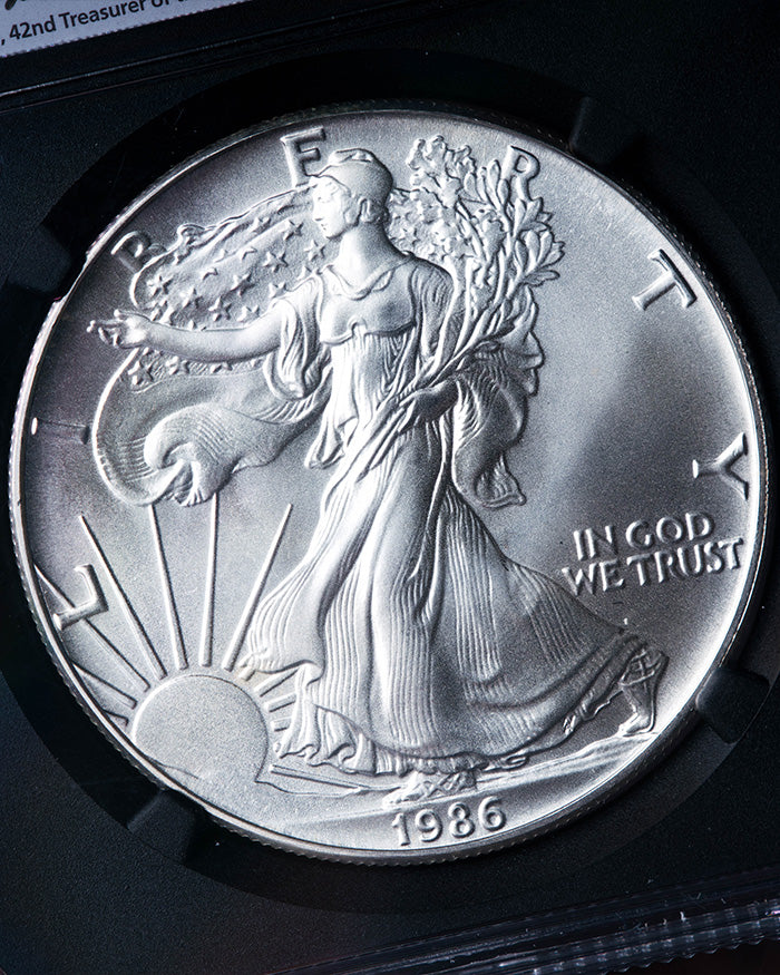 1986 "S" $1 Silver Eagle | Struck in San Francisco MS70 PCGS | Anna Cabral Autographed (Copy)