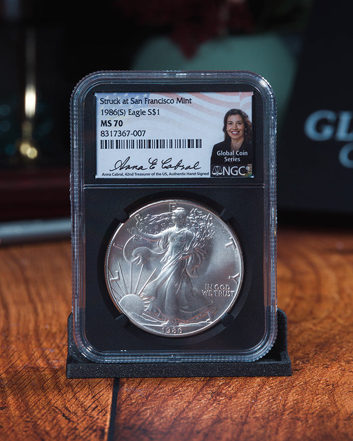 1986 "S" $1 Silver Eagle | Struck in San Francisco MS70 PCGS | Anna Cabral Autographed (Copy)