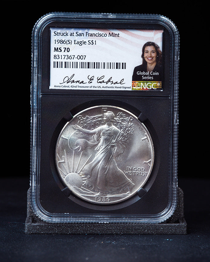 1986 "S" $1 Silver Eagle | Struck in San Francisco MS70 PCGS | Anna Cabral Autographed (Copy)