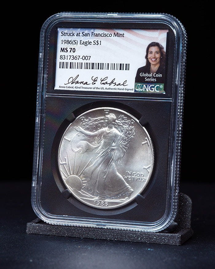 1986 "S" $1 Silver Eagle | Struck in San Francisco MS70 PCGS | Anna Cabral Autographed (Copy)