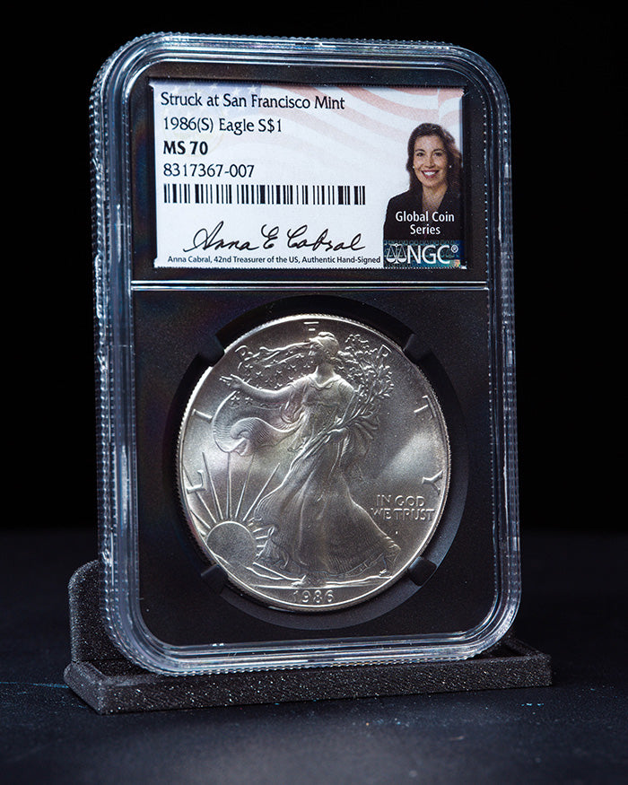 1986 "S" $1 Silver Eagle | Struck in San Francisco MS70 PCGS | Anna Cabral Autographed (Copy)