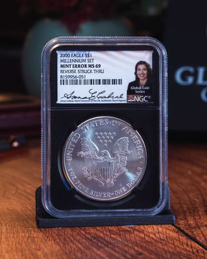 2000 $1 Silver Eagle Millennium Set | Mint Error MS69 Reverse Struck Thru "Global Coin Series" | Anna Cabral Autographed