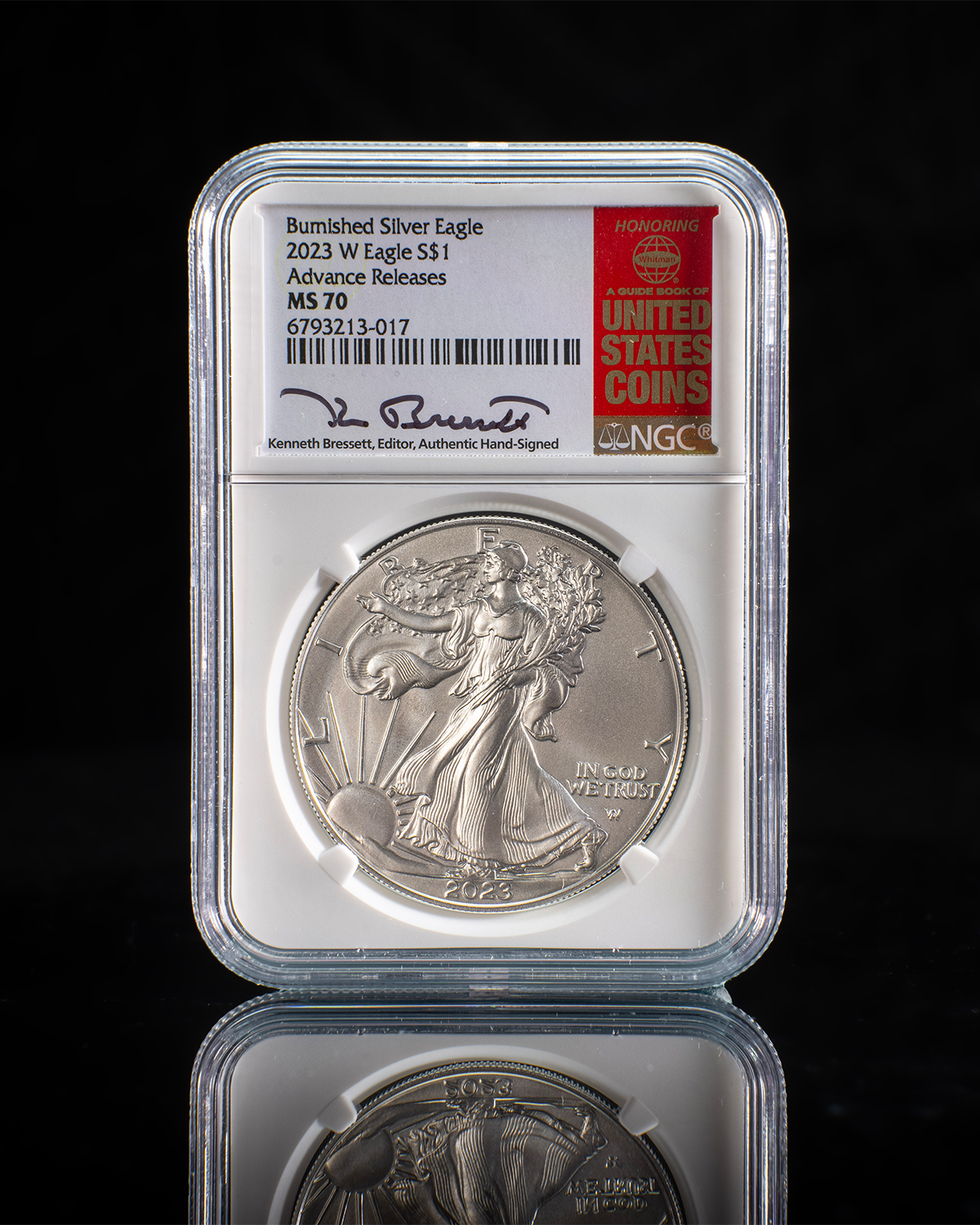2023 Burnished Silver Eagle | Advanced Release SP70 NGC | Kenneth Bressett Autographed