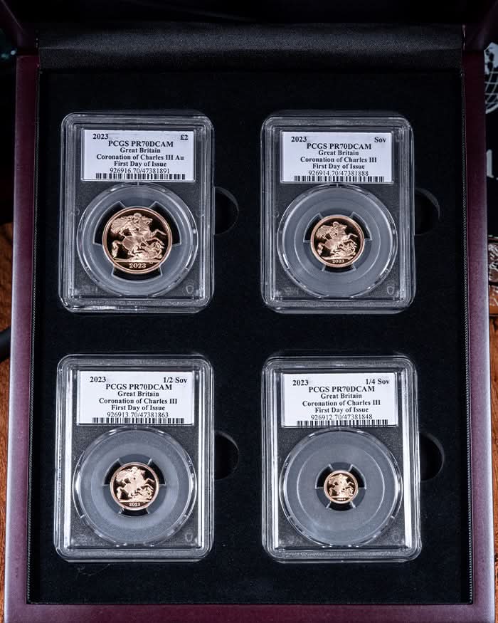 2023 4pc Coronation of Charles III Au Set | First Day of Issue PCGS PR70 Deep Cameo | Susanna Blunt Autographed