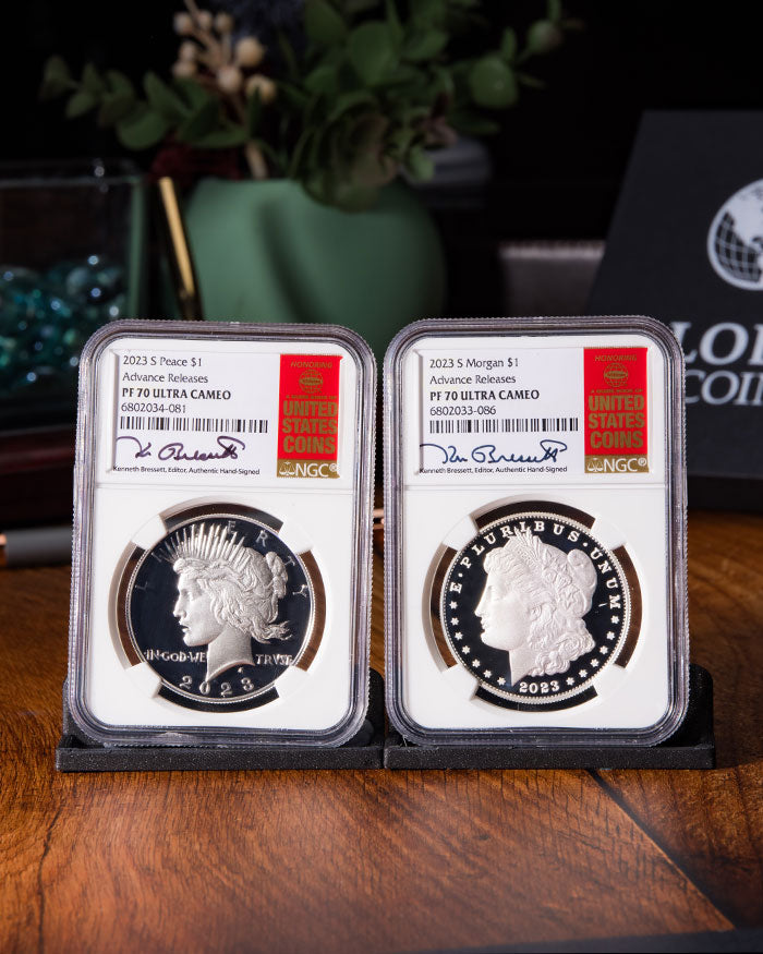 2023 S Morgan & Peace Silver Dollar Set | Advance Releases PF70 Ultra Cameo  | Kenneth Bressett Autographed