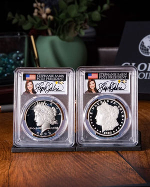 2023 S Morgan & Peace Dollar Set | Advanced Release PCGS PR70DCAM | Stephanie Sabin Autographed