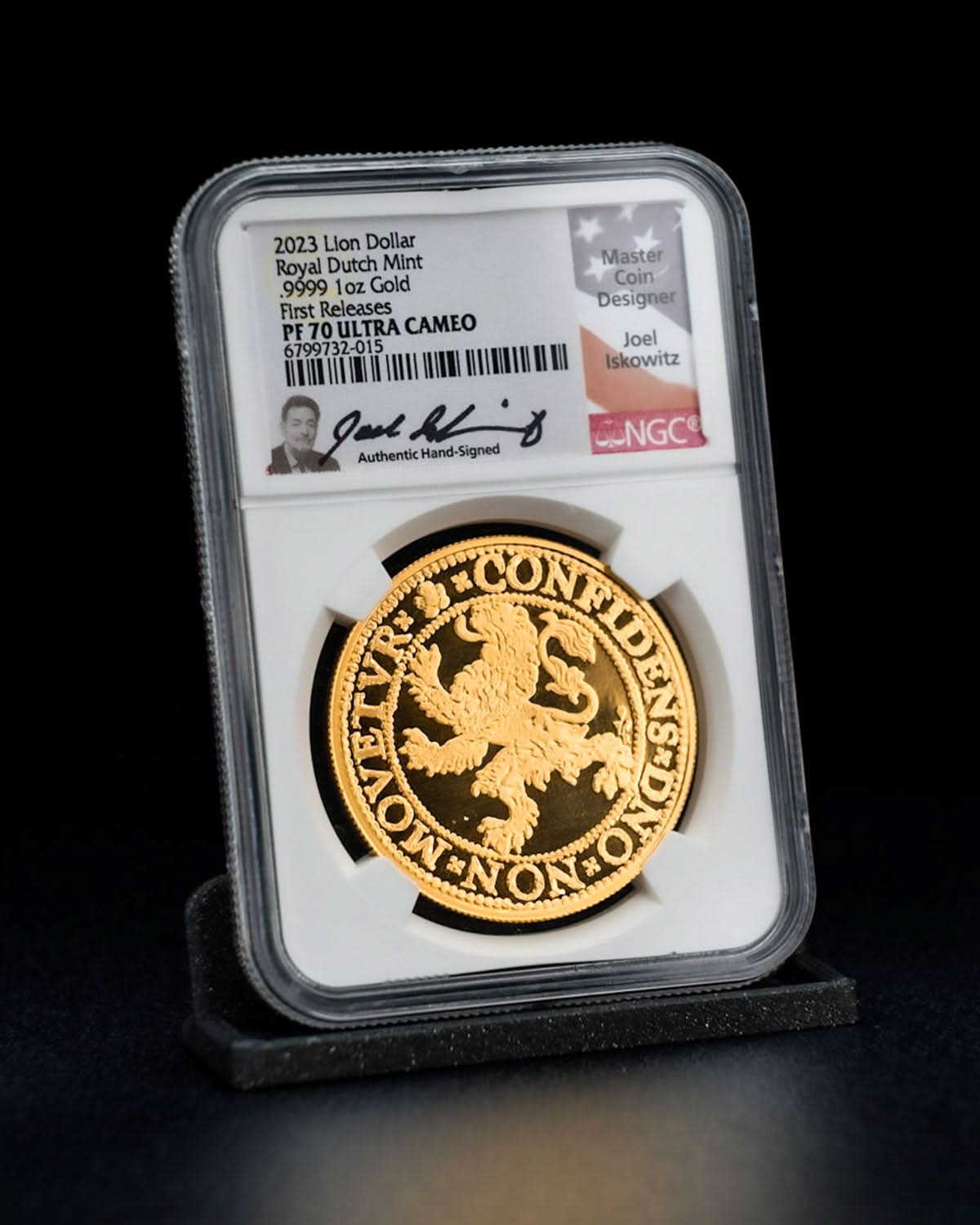2023 1oz Gold Lion Dollar Royal Dutch Mint | First Releases PF70 Ultra Cameo | Joel Iskowitz Autographed
