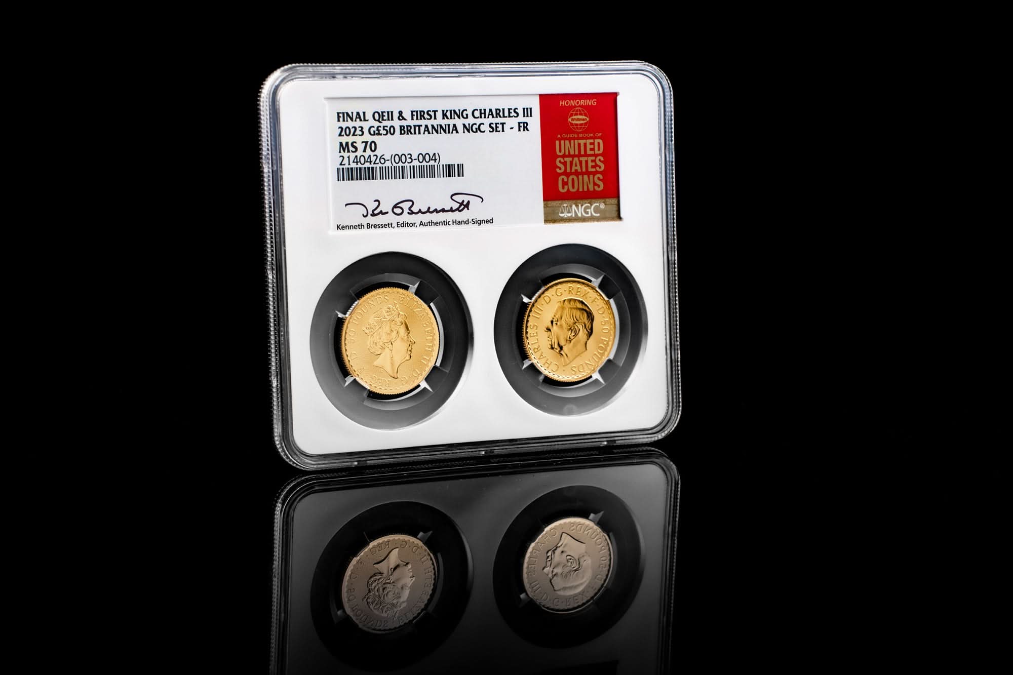 2023 2pc Gold Final QEII / First King Charles III | First Release MS70 NGC | Kenneth Bressett Autographed