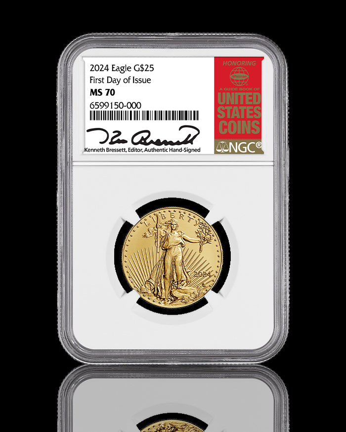 2024 $25 Gold Eagle | First Day of Issue NGC MS70 | Kenneth Bressett Autographed