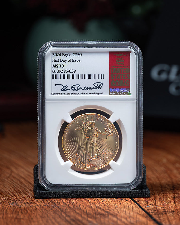 2024 $50 Gold Eagle | First Day of Issue NGC MS70 | Kenneth Bressett Autographed