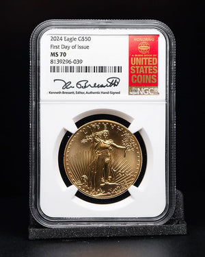 2024 $50 Gold Eagle | First Day of Issue NGC MS70 | Kenneth Bressett Autographed