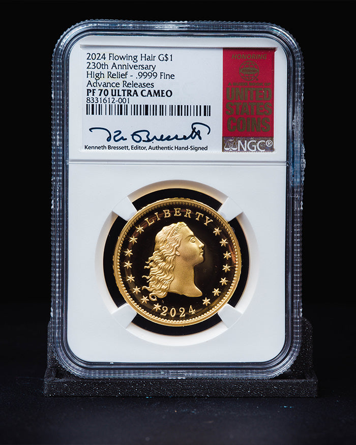 2024 Gold Flowing Hair 230th Anniversary | High Relief Advanced Releases PF70 Ultra Cameo | Kenneth Bressett Autographed
