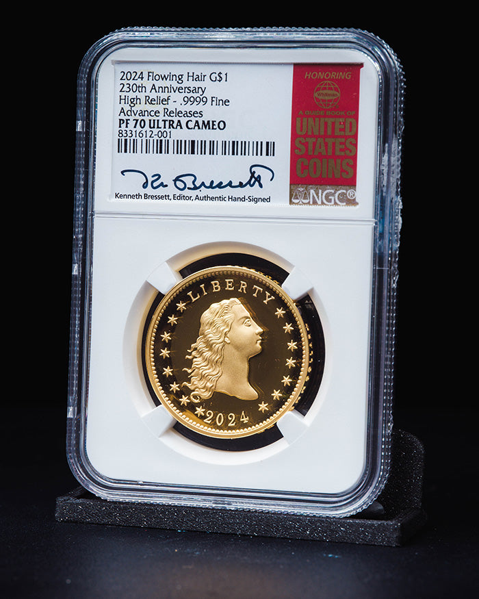 2024 Gold Flowing Hair 230th Anniversary | High Relief Advanced Releases PF70 Ultra Cameo | Kenneth Bressett Autographed