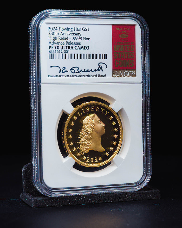 2024 Gold Flowing Hair 230th Anniversary | High Relief Advanced Releases PF70 Ultra Cameo | Kenneth Bressett Autographed
