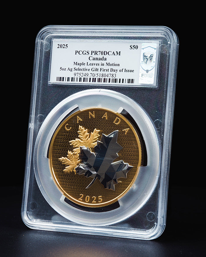 2025 5 oz $50 Canada Maple Leaves in Motion | First Day of Issue PR70 Deep Cameo | Steven Rosati Autographed