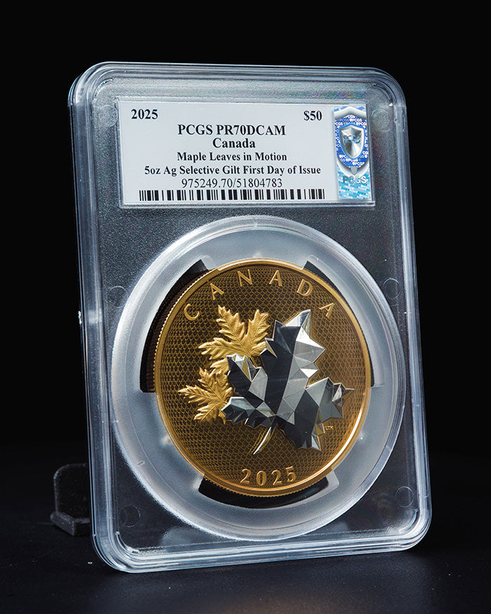 2025 5 oz $50 Canada Maple Leaves in Motion | First Day of Issue PR70 Deep Cameo | Steven Rosati Autographed