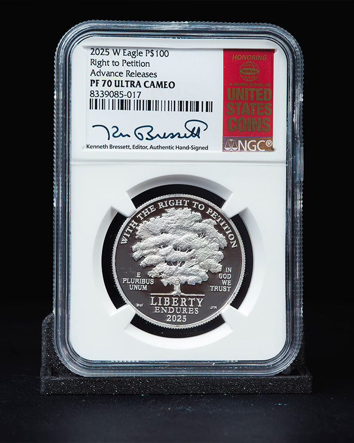 2025 W $100 Right to Petition Platinum Eagle | Advanced Release NGC PF70 Ultra Cameo | Kenneth Bressett Autographed