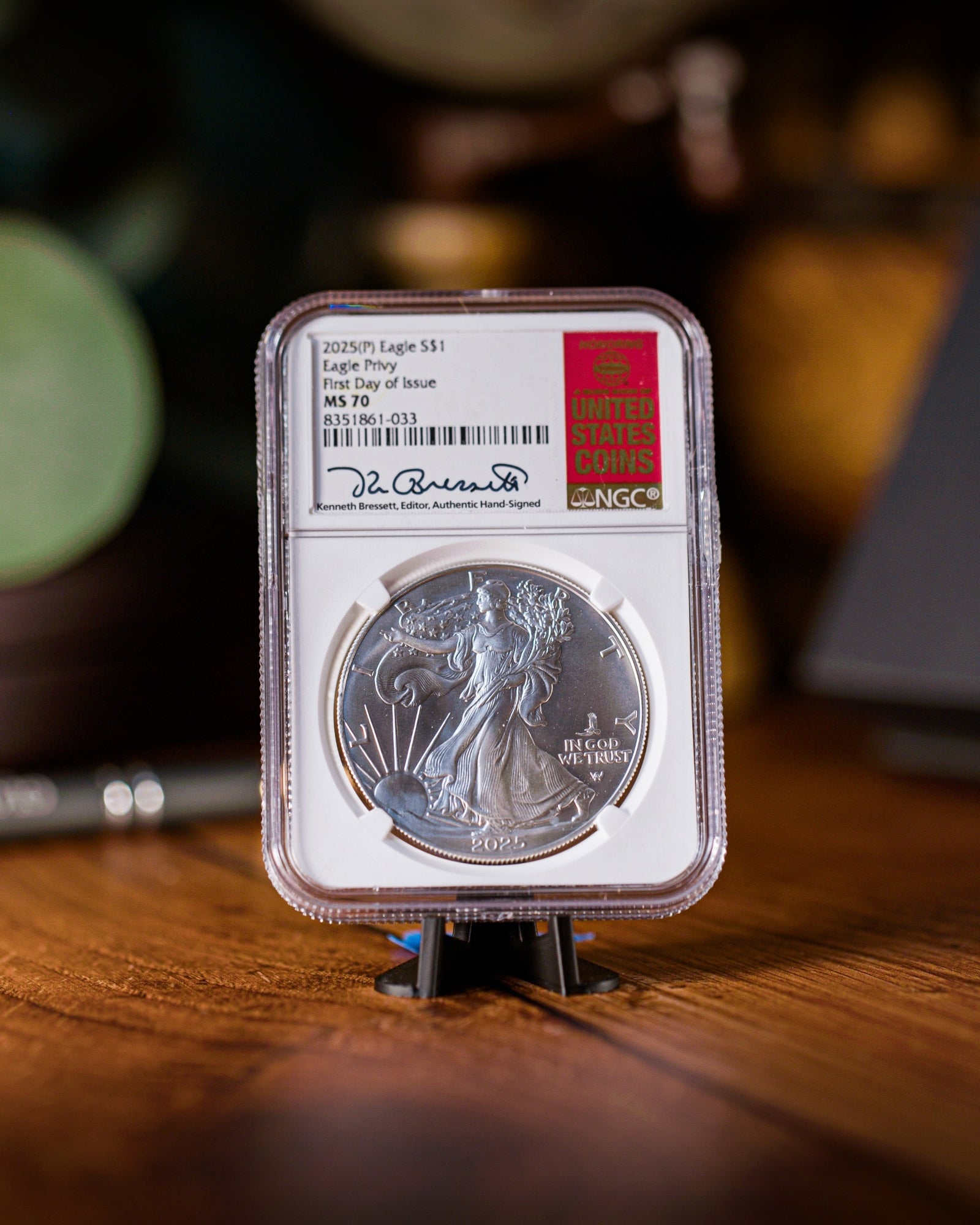 2025 (P) Silver Eagle with Eagle Privy Mark | First Day of Issue MS70 | Kenneth Bressett Autographed