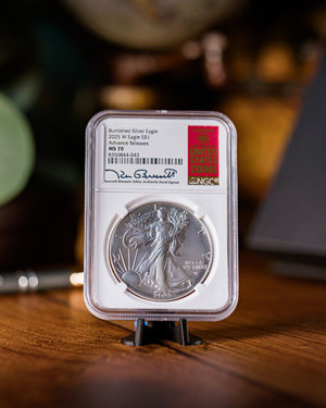 2025 W Burnished Silver Eagle | Advanced Release MS70 | Kenneth Bressett Autographed