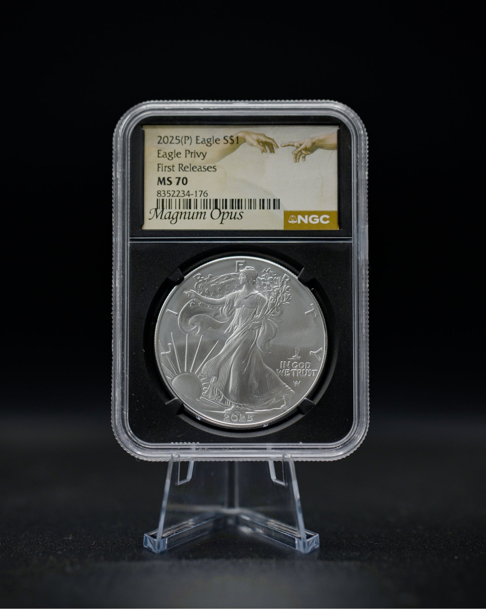 2025 (P) Silver Eagle with Eagle Privy Mark | First Releases MS70 CAC "Magnum Opus" Label