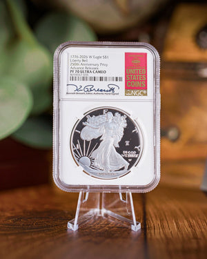 1776-2026 W Silver Eagle Liberty Bell 250th Anniversary Privy | NGC Advanced Release PF70 Ultra Cameo | Kenneth Bressett Autographed