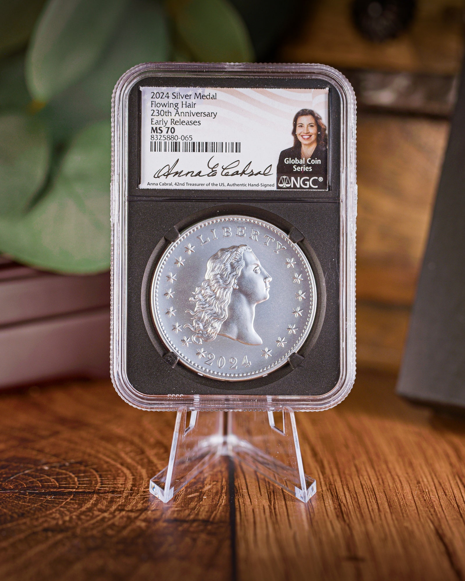2024 1 oz Silver Flowing Hair 230th Anniversary Medal | NGC MS70 | Anna Cabral Autographed