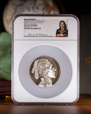 2026 5 oz Beyond Relief Silver Buffalo Nickel | NGC Advanced Release Antiqued MS70 | Sculptural Art by Michael Gaudioso | Anna Escobedo Cabral Autographed