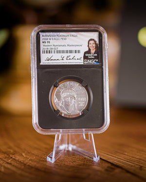 2008 "W" $50 Burnished Platinum Eagle | "Modern Numismatic Masterpieces/Cabral Auto" NGC MS70 | Anna Cabral Autographed