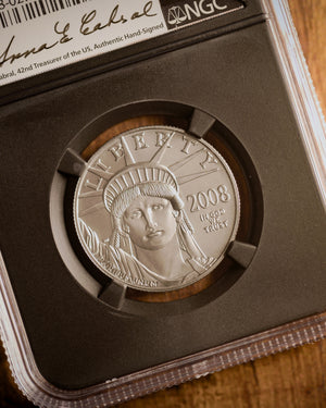 2008 "W" $50 Burnished Platinum Eagle | "Modern Numismatic Masterpieces/Cabral Auto" NGC MS70 | Anna Cabral Autographed