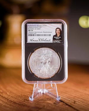 2008 W $1 Reverse 2007 Burnished Silver Eagle|  NGC "Modern Numismatic Masterpieces" MS70 | Anna Cabral Autographed
