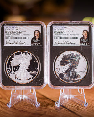 2012 "S" 75th Anniversary Silver American Eagle 2-Coin Set | NGC "Modern Numismatic Masterpieces" PF70 | Anna Cabral Autographed