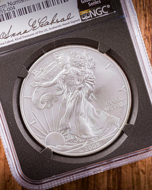2008 W $1 Reverse 2007 Burnished Silver Eagle|  NGC "Modern Numismatic Masterpieces" MS70 | Anna Cabral Autographed