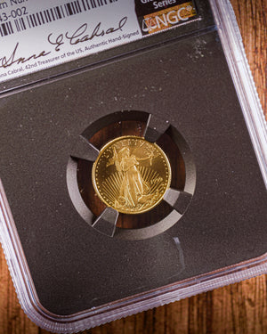 1999 "W" $5 Gold Eagle Unfinished Dies | NGC "Modern Numismatic Masterpieces" MS70 | Anna Cabral Autographed