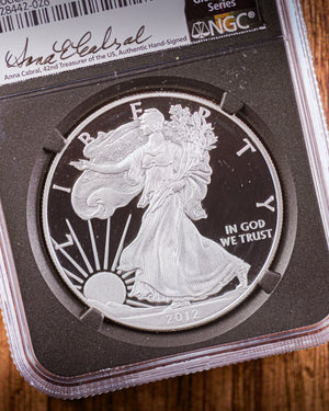 2012 "S" 75th Anniversary Silver American Eagle 2-Coin Set | NGC "Modern Numismatic Masterpieces" PF70 | Anna Cabral Autographed