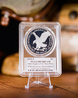 2025-S U.S. Navy 250th Anniversary Privy Proof Silver Eagle | PCGS PR70 Deep Cameo Advanced Release | Stephanie Sabin Autographed