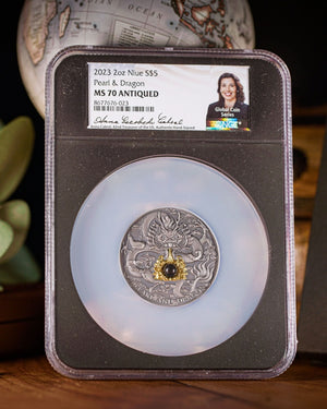 2023 Niue Divine Pearls Black Pearl and Dragon $5 Silver Antiqued Coin | NGC Antiqued MS70 | Anna Cabral Autographed