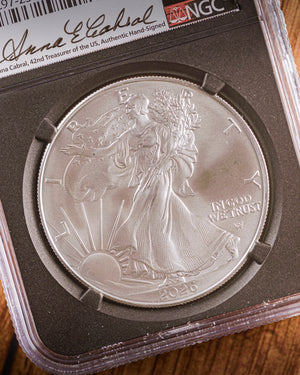 2026 $1 American Silver Eagle | MS70 First Day of Issue "Modern Numismatic Masterpieces" | Anna Escobedo Cabral Autographed