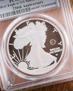 2025 “P” Marines Privy Silver Eagle "250th Anniversary"| PCGS First Day of Issue PR70 Deep Cameo