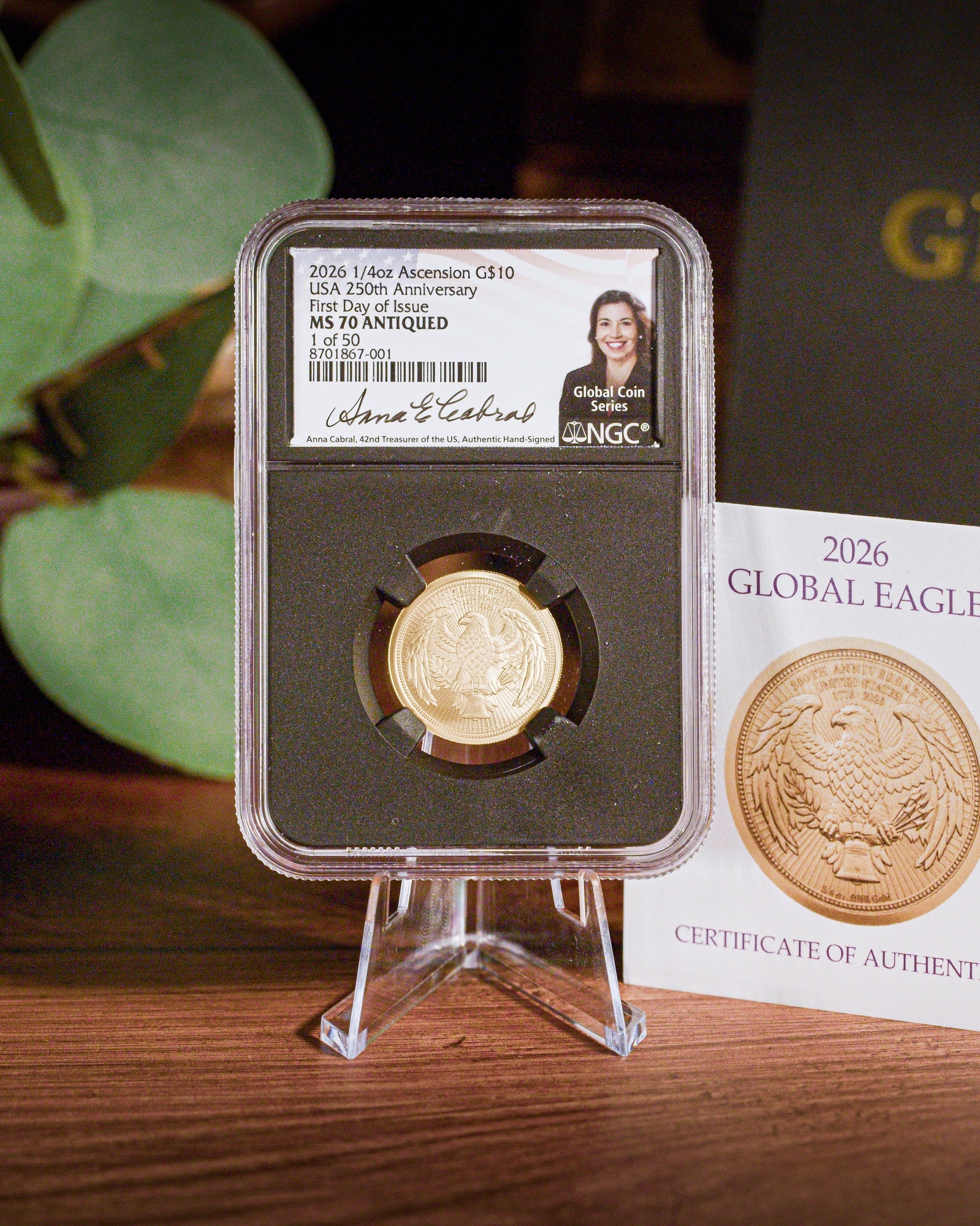 2026 USA 250th Anniversary 1/4 oz Gold Eagle | NGC First Day of Issue | Anna Escobedo Cabral Autographed | Global Coin Series MS70