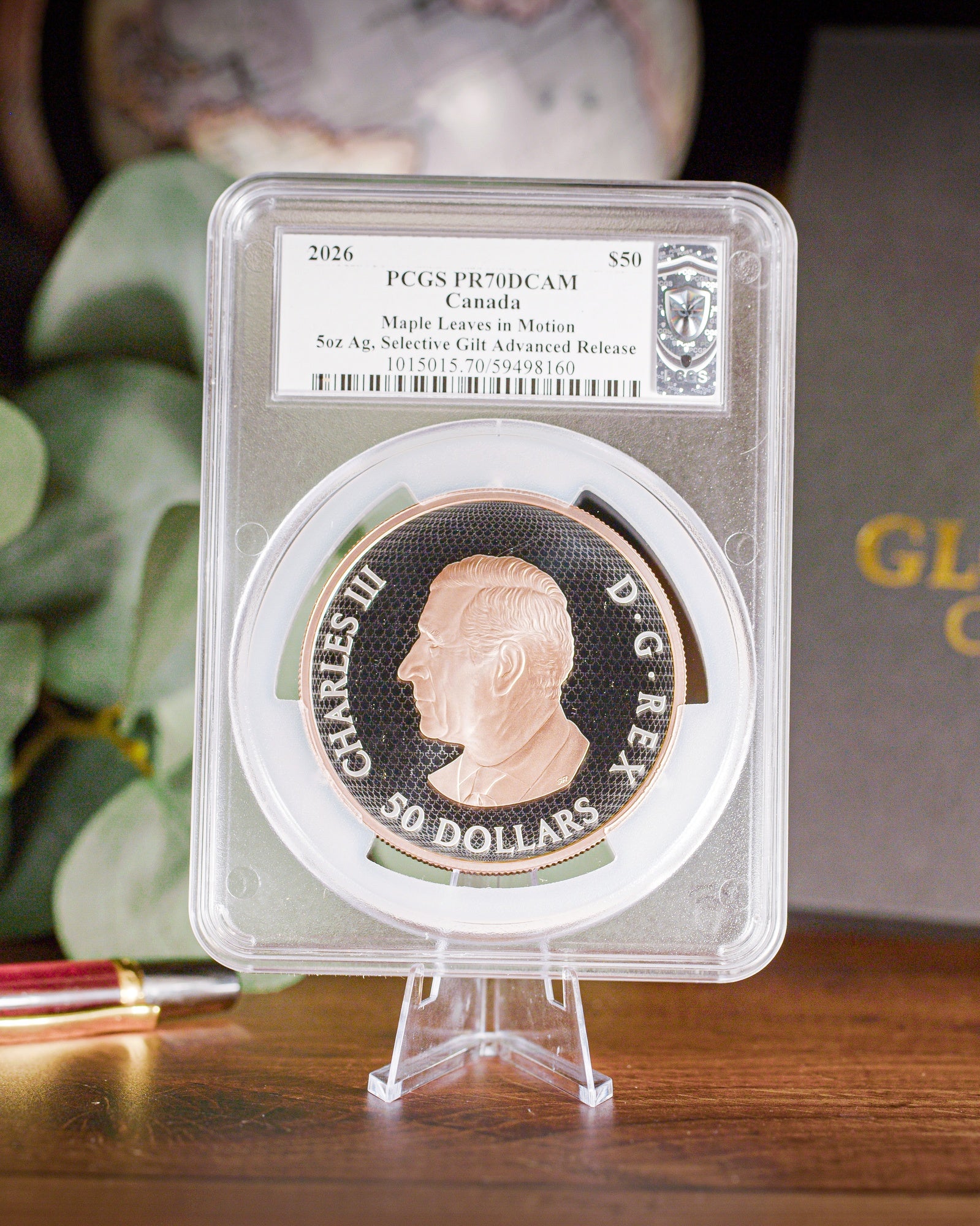 2026 Canada Maple Leaves in Motion 5 oz Silver Selective Gilt PCGS PR70 Deep Cameo Advanced Release Steven Rosati Autographed