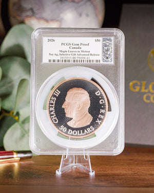2026 Canada Maple Leaves in Motion 5 oz Silver Selective Gilt PCGS Gem Proof Advanced Release Steven Rosati Autographed