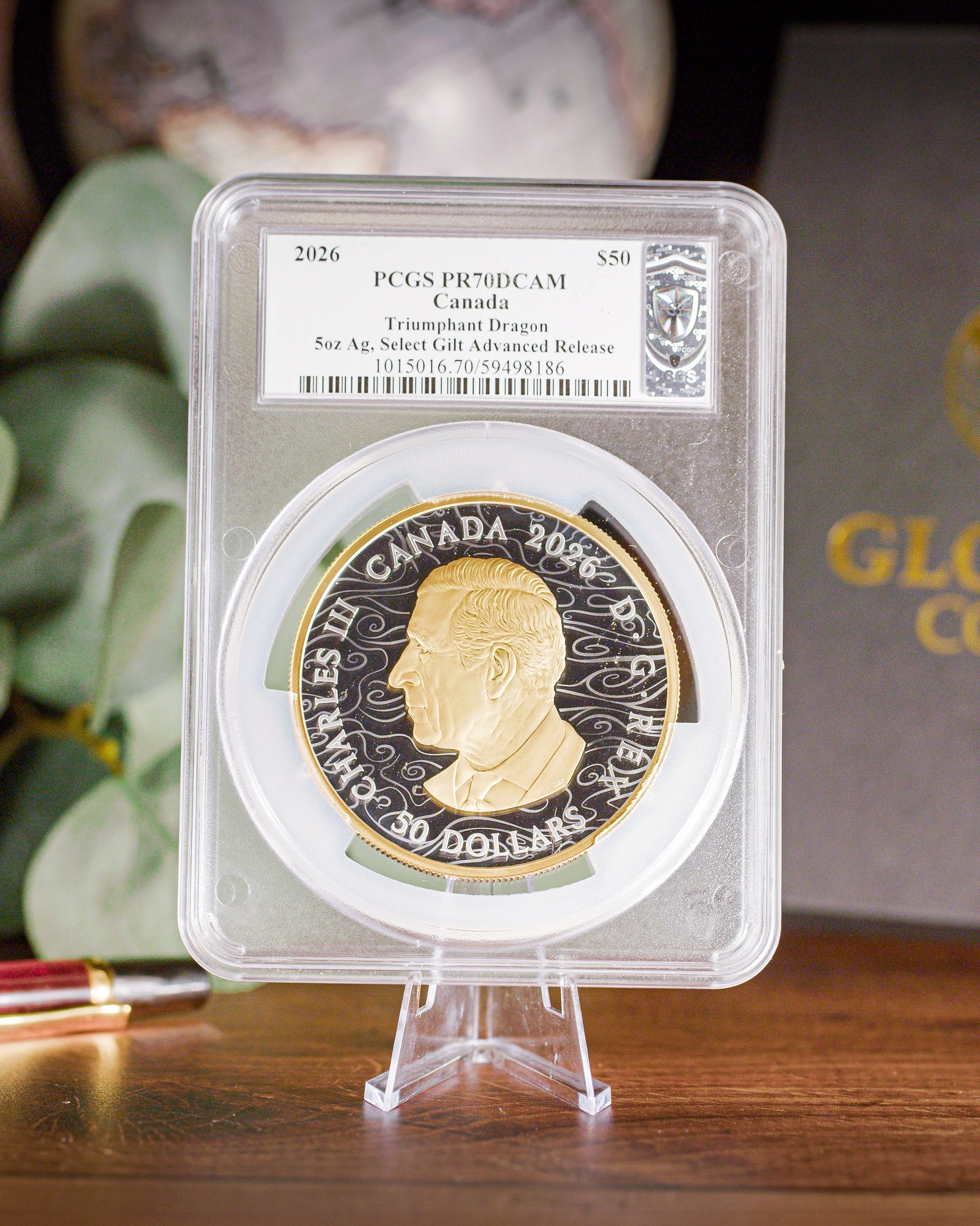 2026 Canada Triumphant Dragon 5 oz Silver Selective Gilt PCGS PR70 Deep Cameo Advanced Release Steven Rosati Autographed