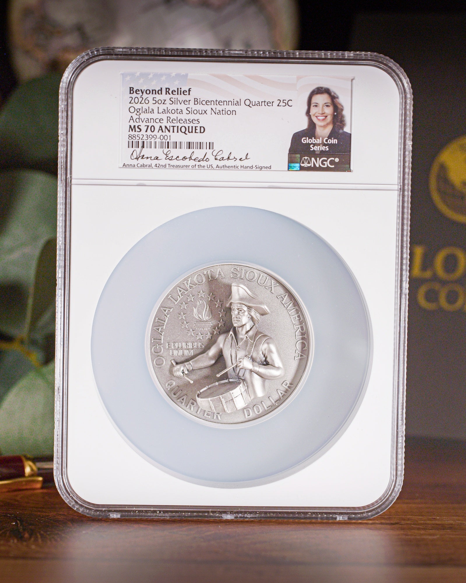 2026 5 oz Silver Bicentennial Quarter Oglala Lakota Sioux Nation NGC MS70 Antiqued Advance Releases Anna Escobedo Cabral Autographed