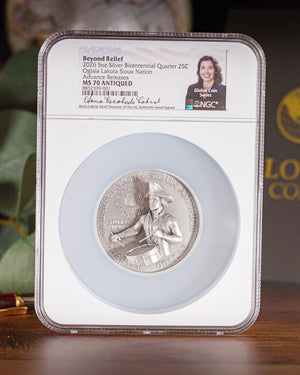 2026 5 oz Silver Bicentennial Quarter Oglala Lakota Sioux Nation NGC MS70 Antiqued Advance Releases Anna Escobedo Cabral Autographed