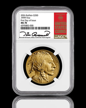 2026 $50 American Gold Buffalo | MS70 First Day of Issue | Kenneth Bressett Autographed