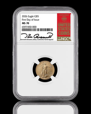 2026 $5 American Gold Eagle | MS70 First Day of Issue | Kenneth Bressett Autographed