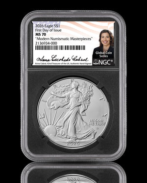 2026 $1 American Silver Eagle | MS70 First Day of Issue "Modern Numismatic Masterpieces" | Anna Escobedo Cabral Autographed