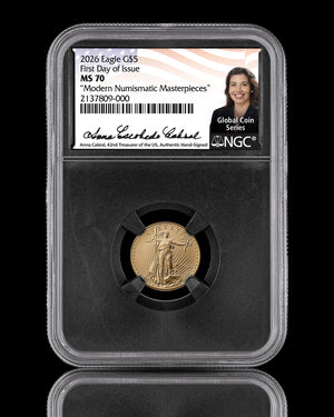 2026 $5 American Gold Eagle | MS70 First Day of Issue | Anna Escobedo Cabral Autographed | Modern Numismatic Masterpieces Label