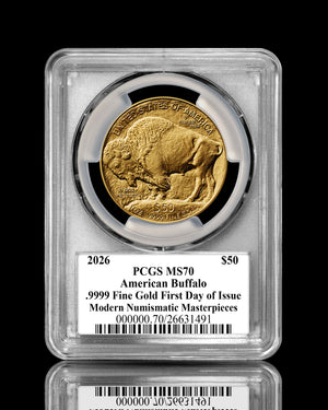 2026 $50 American Gold Buffalo | MS70 First Day of Issue | Stephanie Sabin Autographed | Modern Numismatic Masterpieces Label