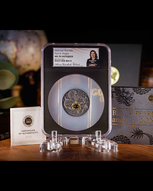 2023 Niue Divine Pearls Black Pearl and Dragon $5 Silver Antiqued Coin | NGC Antiqued MS70 | Anna Cabral Autographed